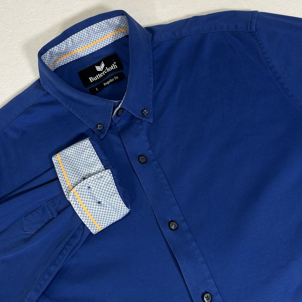 Buttercloth Cotton Mens‎ Large Blue Flip Cuff Button Up Long Sleeve Shirt